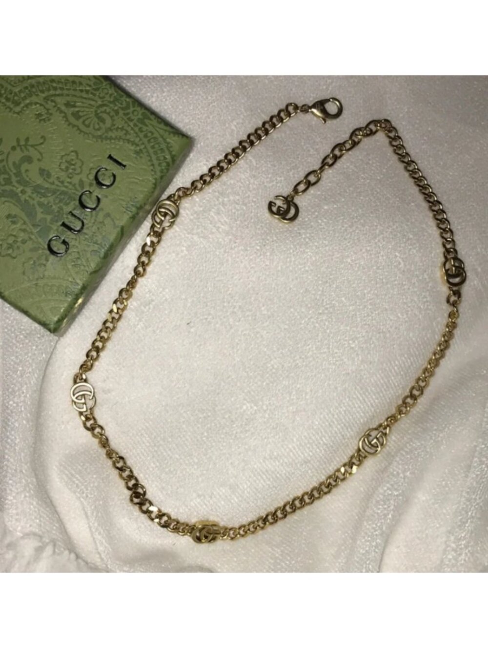 AUTHENTIC GUCCI Interlocking Necklace in antique gold tone engraved w/ hallmark